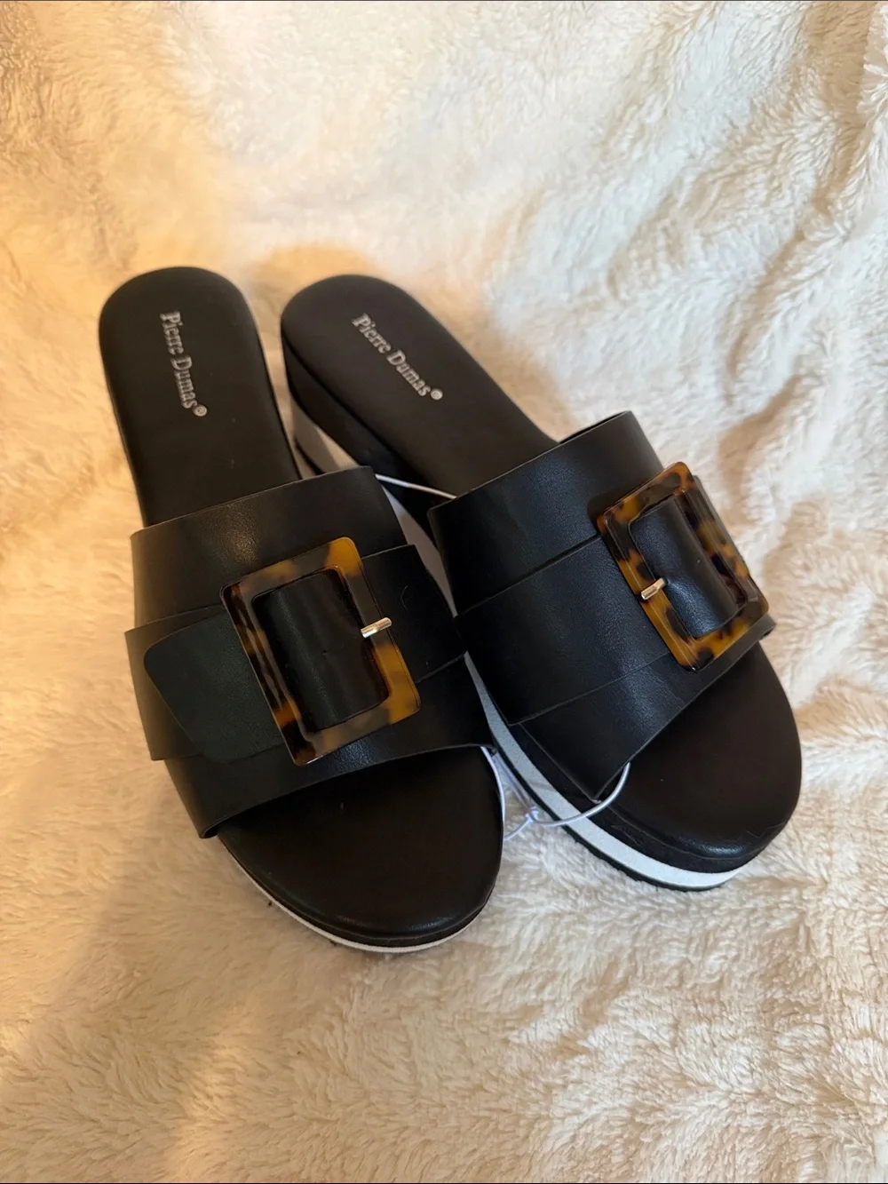 Pierre Dumas Womens Black Platform Slide Sandals Tortoiseshell Buckle Size 10